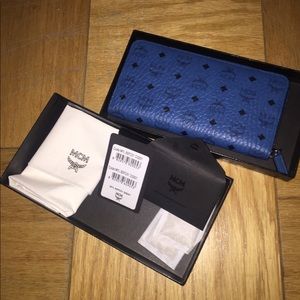 MCM Zipped Blue Leather Wallet